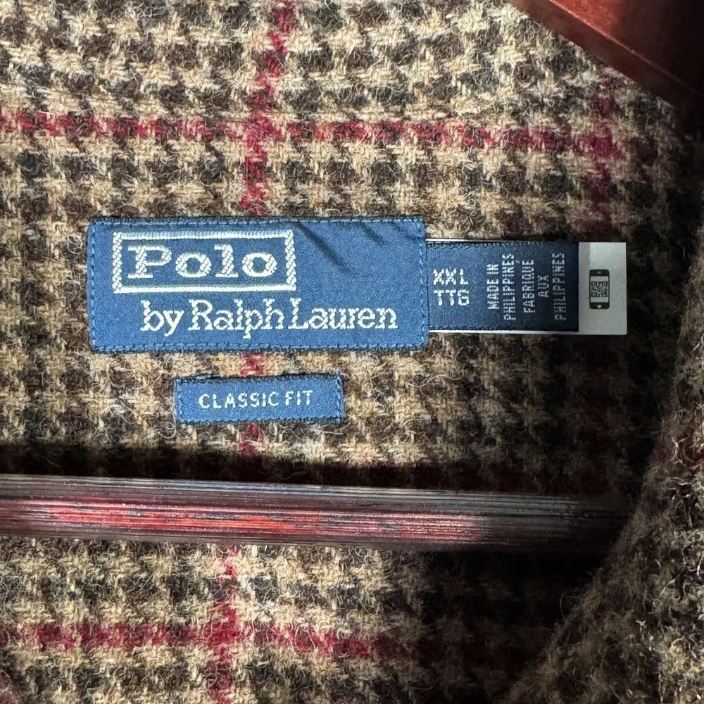 Ralph‎ Lauren Shirt Mens 2XL Brown Wool Check Suede Elbow Overshirt Houndstooth